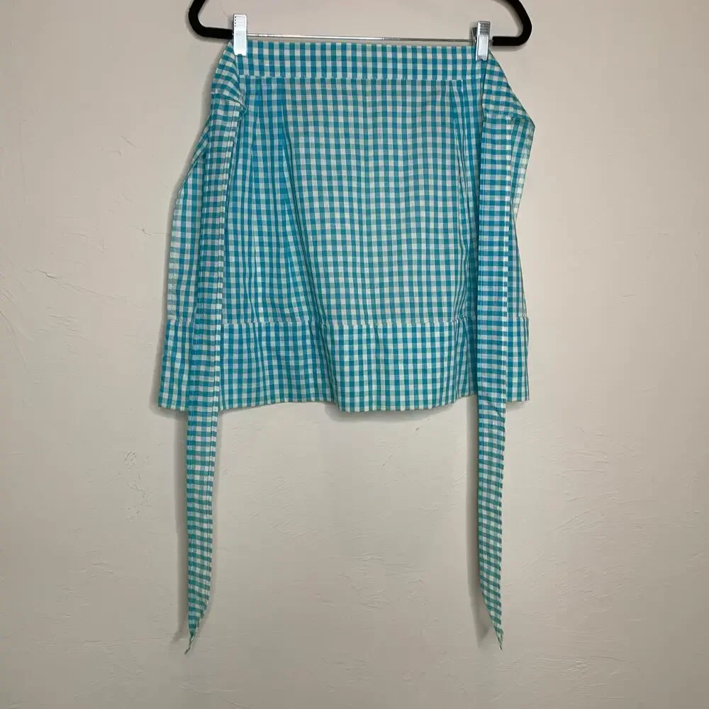Vintage Turquoise Gingham Half Apron Hand Embroidered OSFM